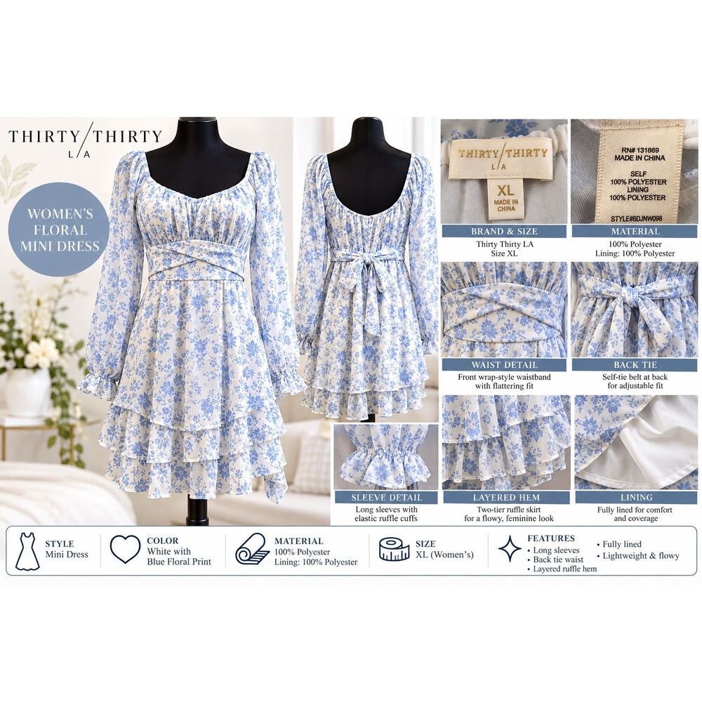 Thirty Thirty LA Womens Floral Mini Dress Blue White XL Ruffle Long Sleeve Tie